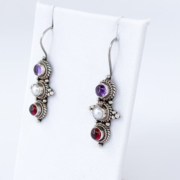 Vintage Southwest Sterling Silver 925 Pearl Amethyst Garnet Drop Earrings - Picture 4 of 8